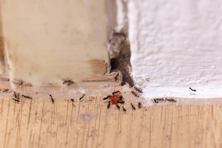 The base of the door frame is rotten and underground insects pass through in room