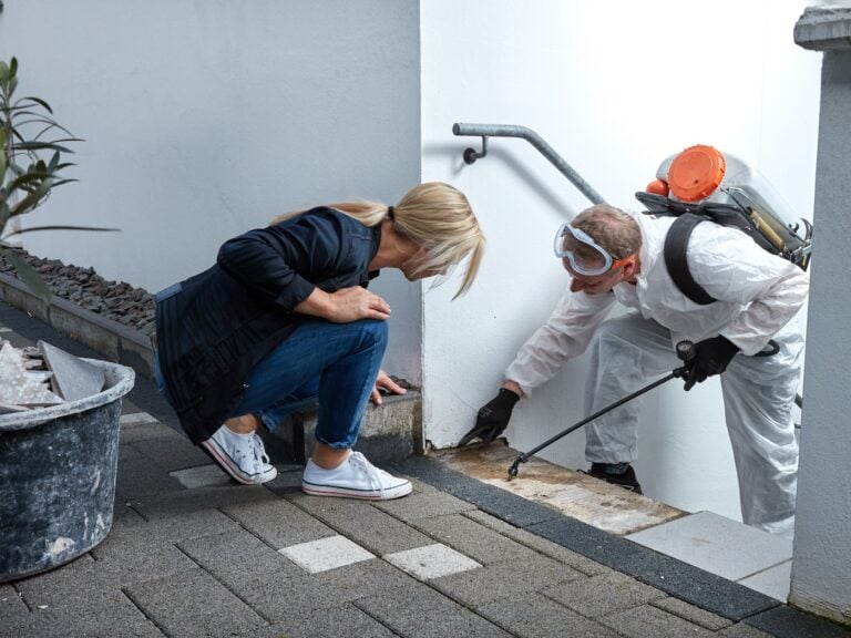 Pest controler explains something to a customer