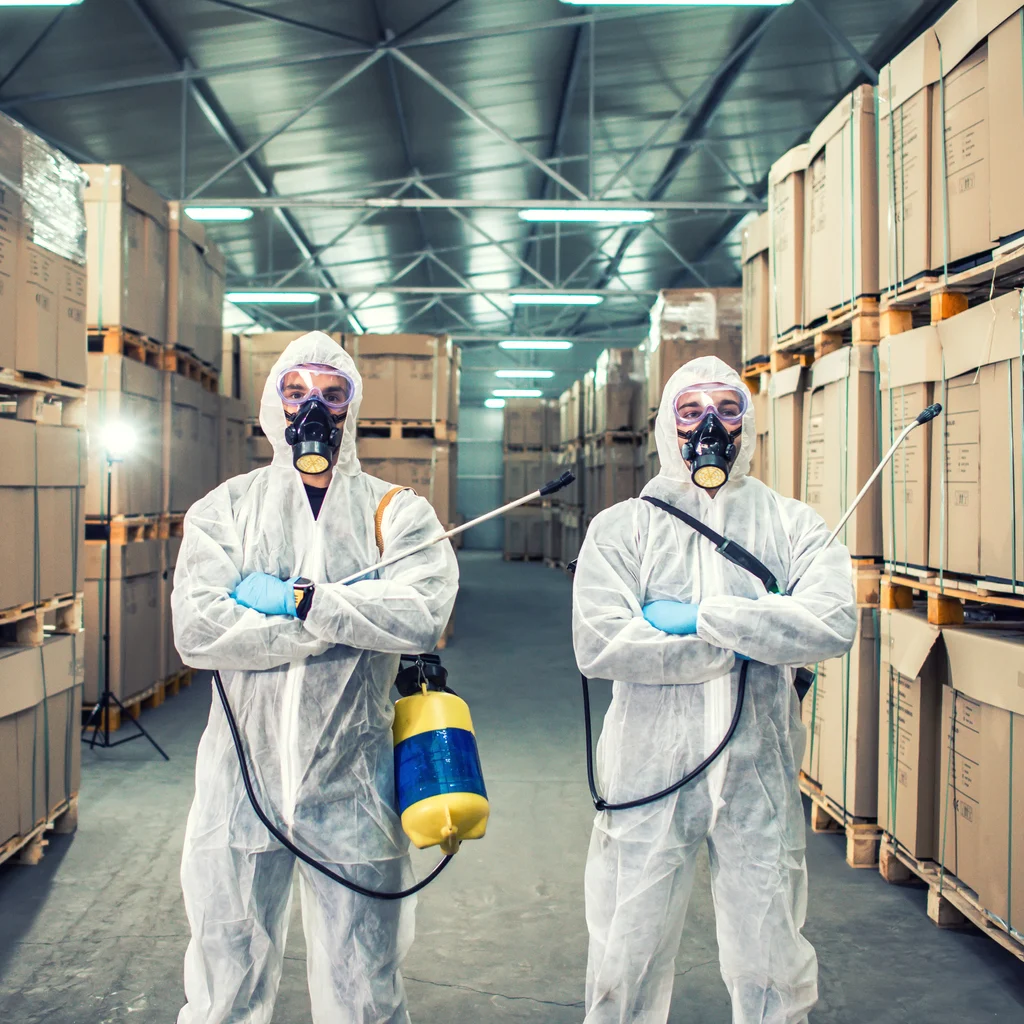 Professional commercial pest control exterminators in full safety gear and sprayers standing inside a large warehouse facility