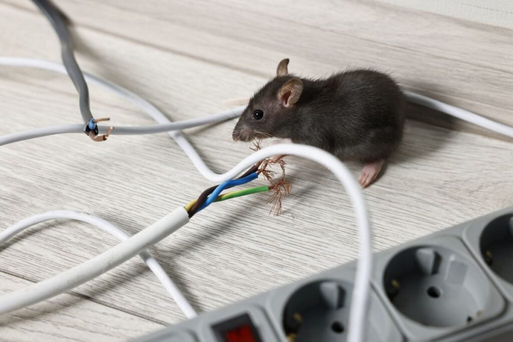 Rat near chewed electric wire on floor indoors